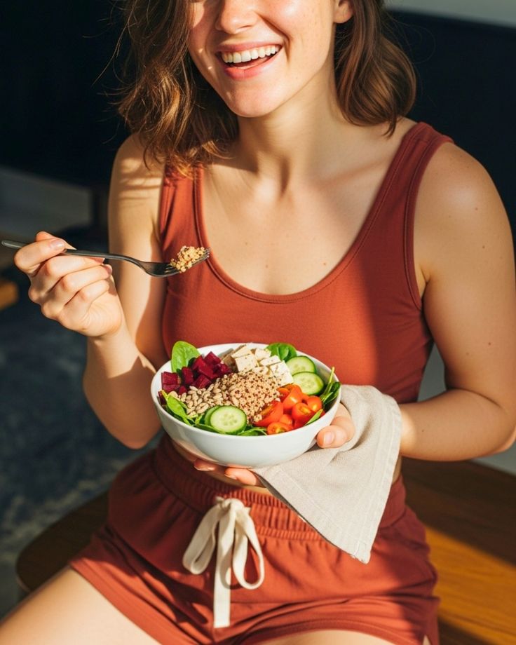 Smiling woman eating a healthy salad